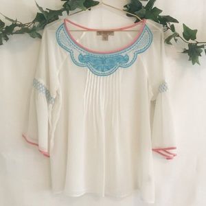 Vintage America sheer top, blue and pink detail!